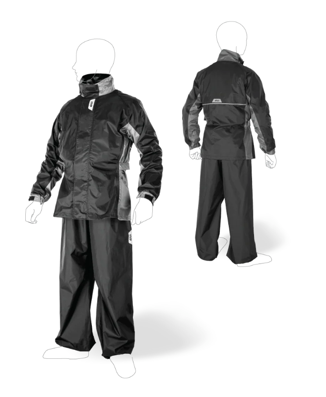 GIVI Waterproof Rainsuit, Black and Grey Two-Piece Raincoat for Motorcycle Riders with Reflective Strips.
