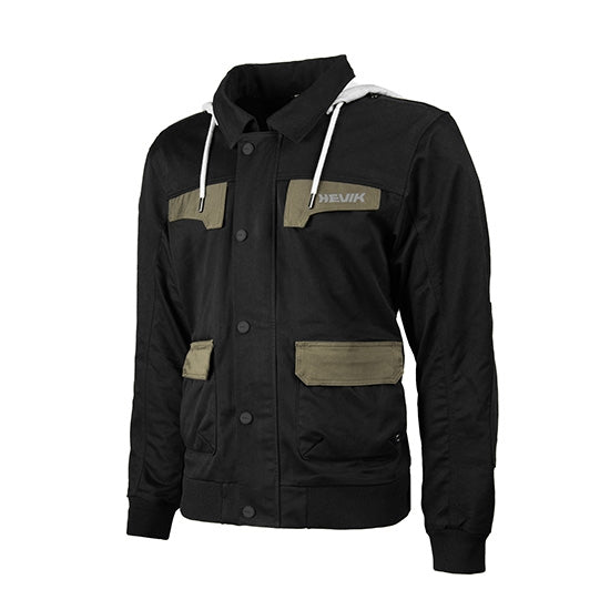 Black jacket with gray accents and a visible brand logo on a white background