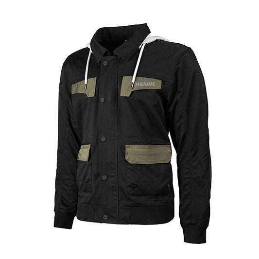 Black jacket with gray accents and a visible brand logo on a white background